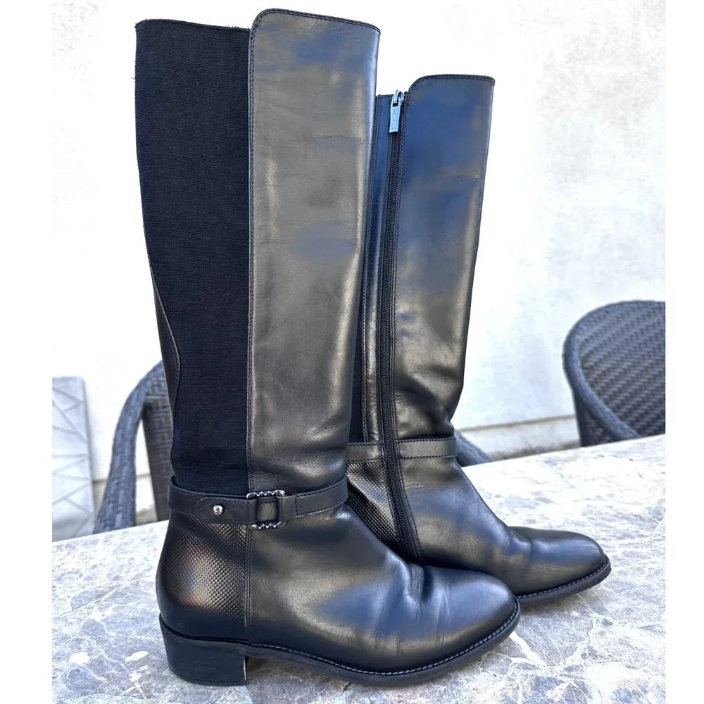 Aquatalia Olita Weatherproof Black Leather Riding Boots - 6 - Picture 1 of 11